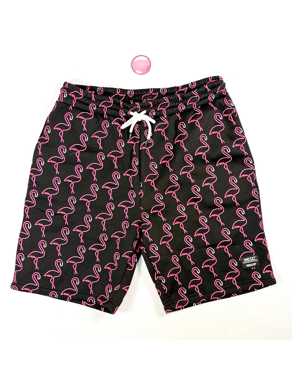WeSC Zack Neon Flamingo Allover Print Fleece Shorts Men XL